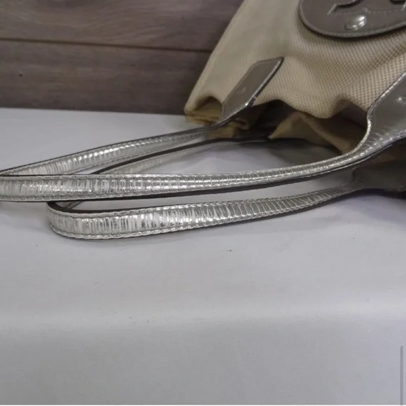 Tory Burch Small Ella Natural Canvas Silver Leather Trim Tote Bag Purse - Picture 8 of 8